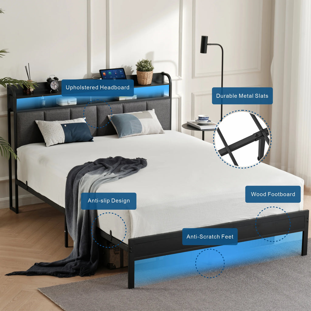 King Size Metal and Wood Platform Bed with LED Headboard K26153