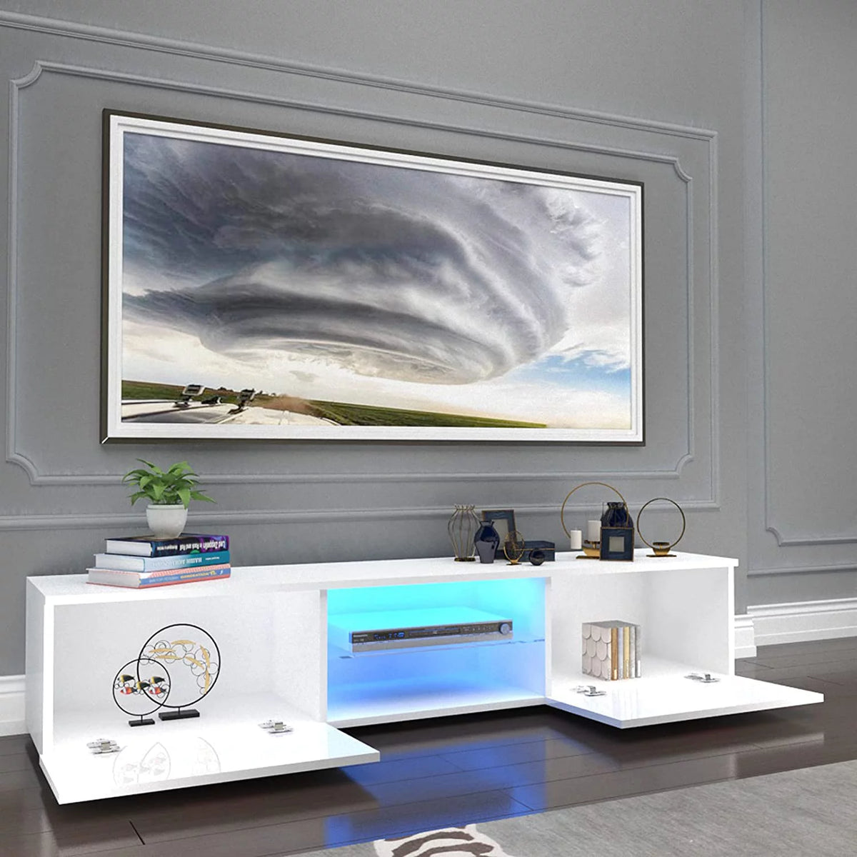 High Gloss White LED Light TV Stand with Storage, Shelves K770709