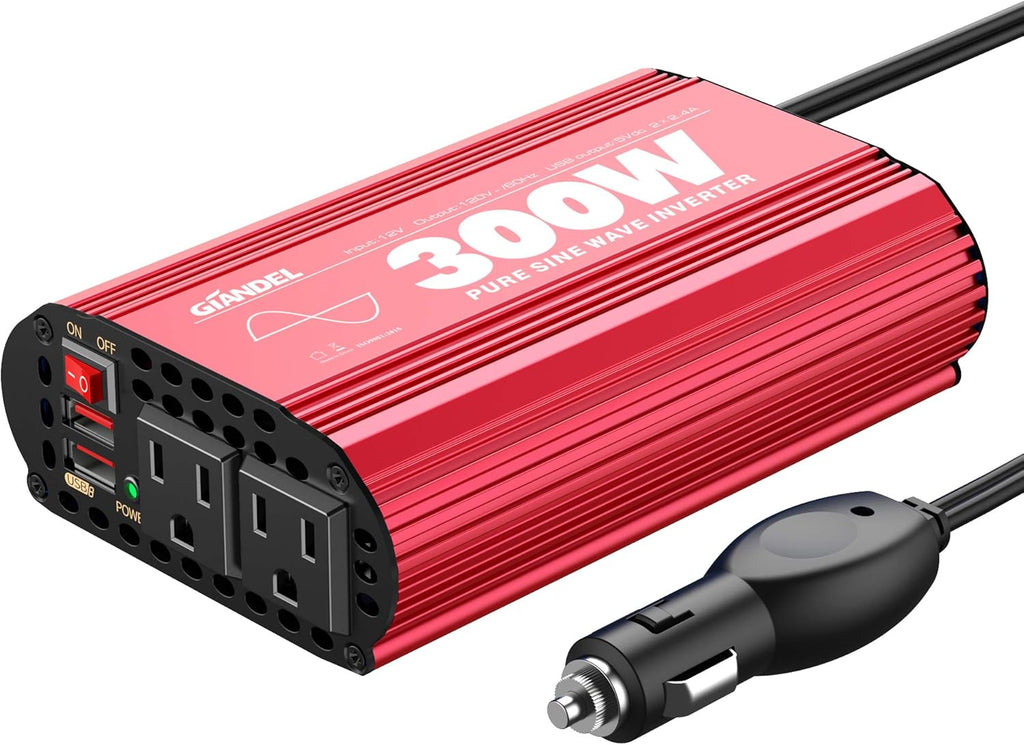 300Watt Pure Sine Wave Power Inverter 12V DC to 120V AC with 4.8A Dual USB and 2 AC Outlets Z142
