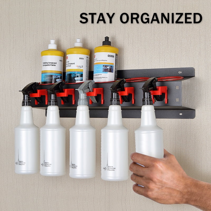 Wall-mounted Spray Bottle Storage Rack with 5 Plastic Hanging Hooks P193
