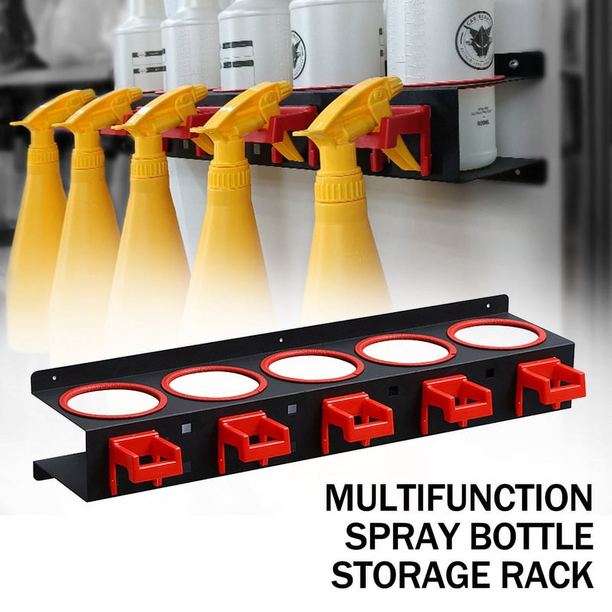 Wall-mounted Spray Bottle Storage Rack with 5 Plastic Hanging Hooks P193