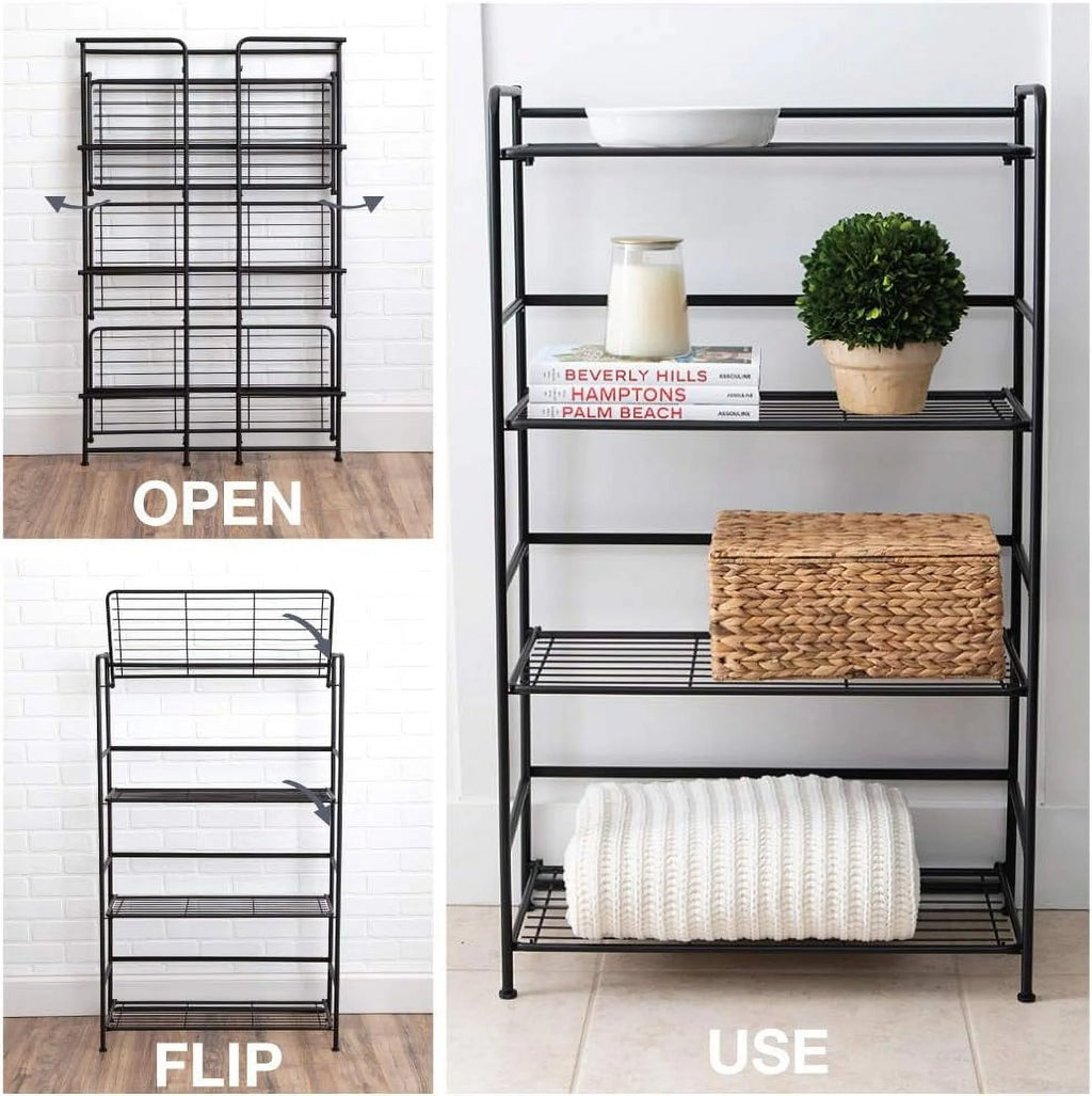 Black Metal 4 Shelves Folding Bookcase E903890