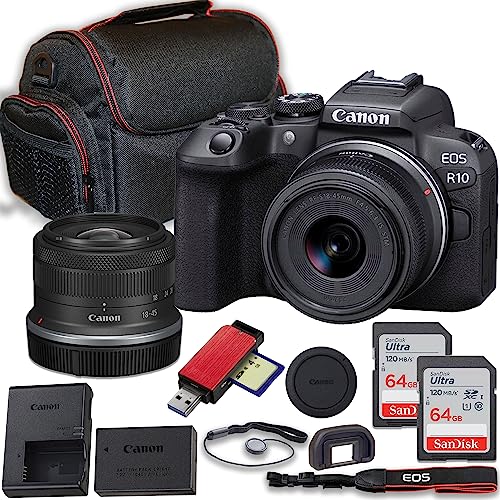 Mirrorless Camera with 18-45mm Lens, 2X 64GB Memory Cards, Case, Card Reader (Renewed) H304