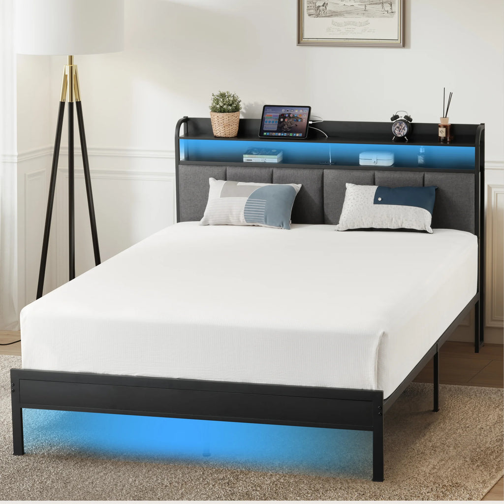King Size Metal and Wood Platform Bed with LED Headboard K26153