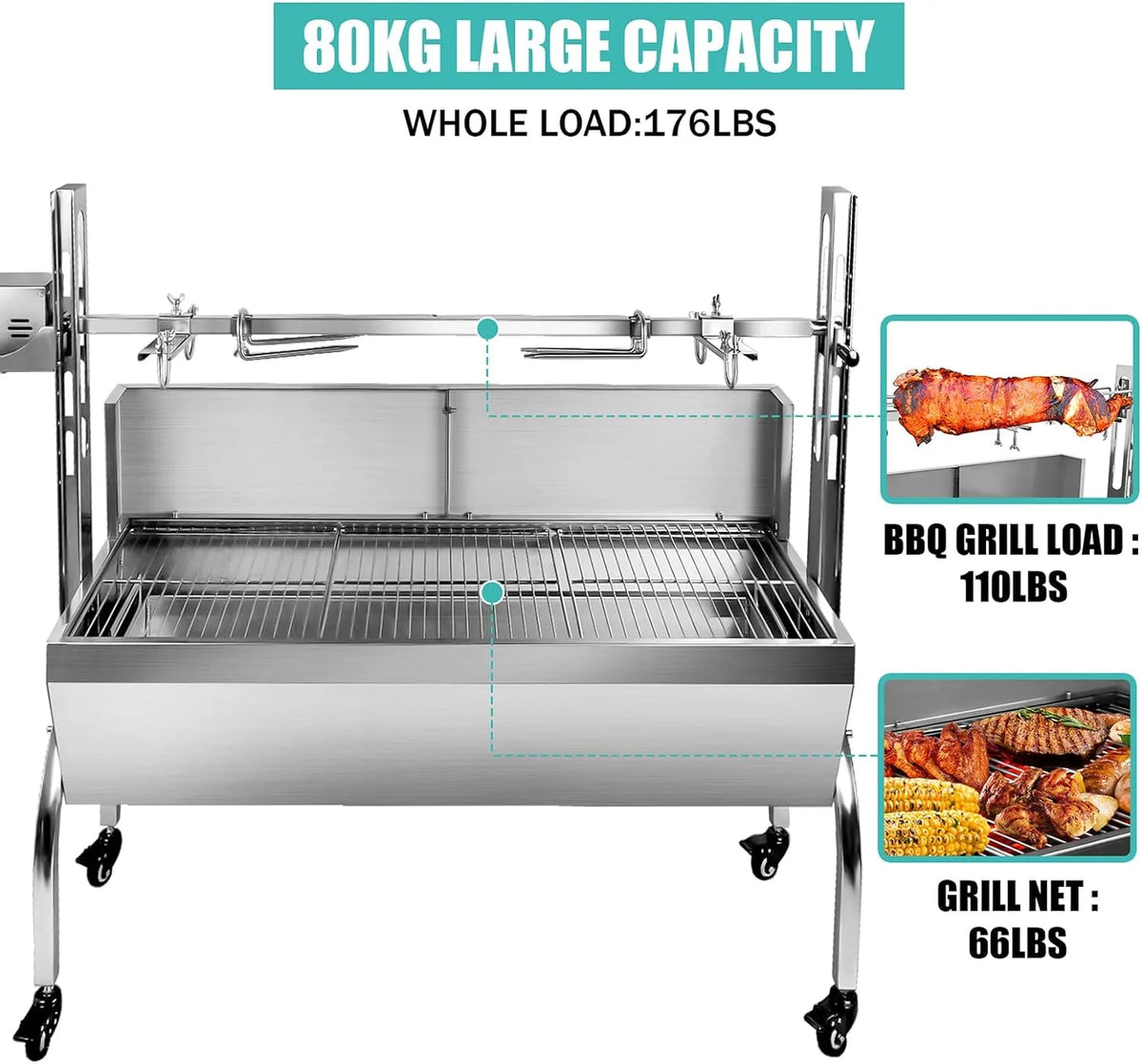 Stainless Steel Rotisserie Grill with Back Cover Guard, 25W Motor, 37'' 2 in 1 BBQ Charcoal Rotisserie Grill P395906