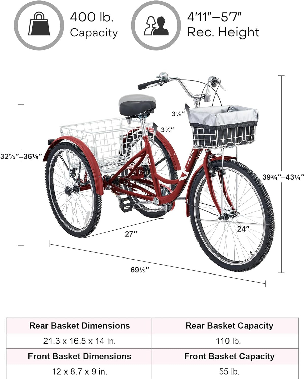 Berry Red 7 Speed Adult Tricycle with Removable Wheeled Baskets J396