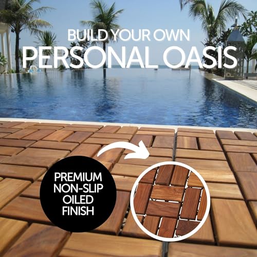 Teak Interlocking Tiles Wooden Floor Tile Set 10 Square Feet 12" x 12" 9 Slat Design Oiled Finish V248