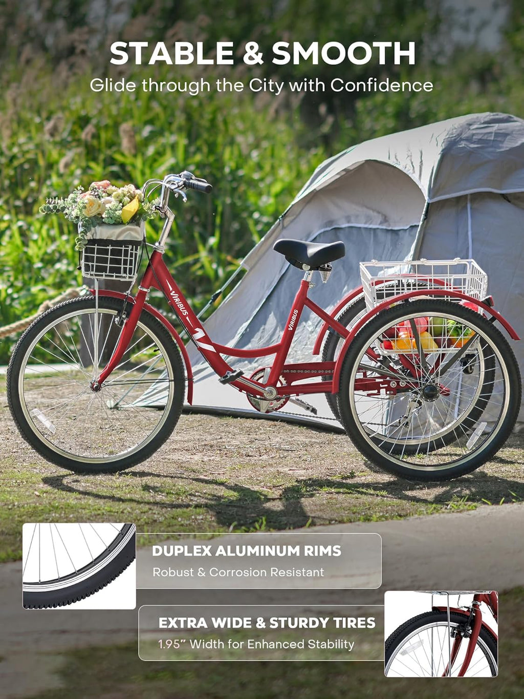 Berry Red 7 Speed Adult Tricycle with Removable Wheeled Baskets J396