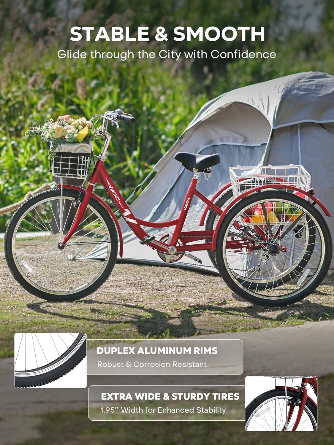 Berry Red 7 Speed Adult Tricycle with Removable Wheeled Baskets J396