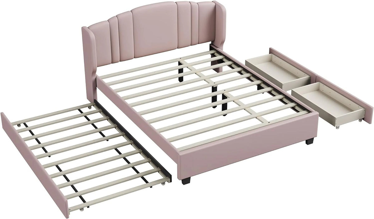 Queen Upholstered Platform Bed with Wingback Headboard and 2 Drawers S91483
