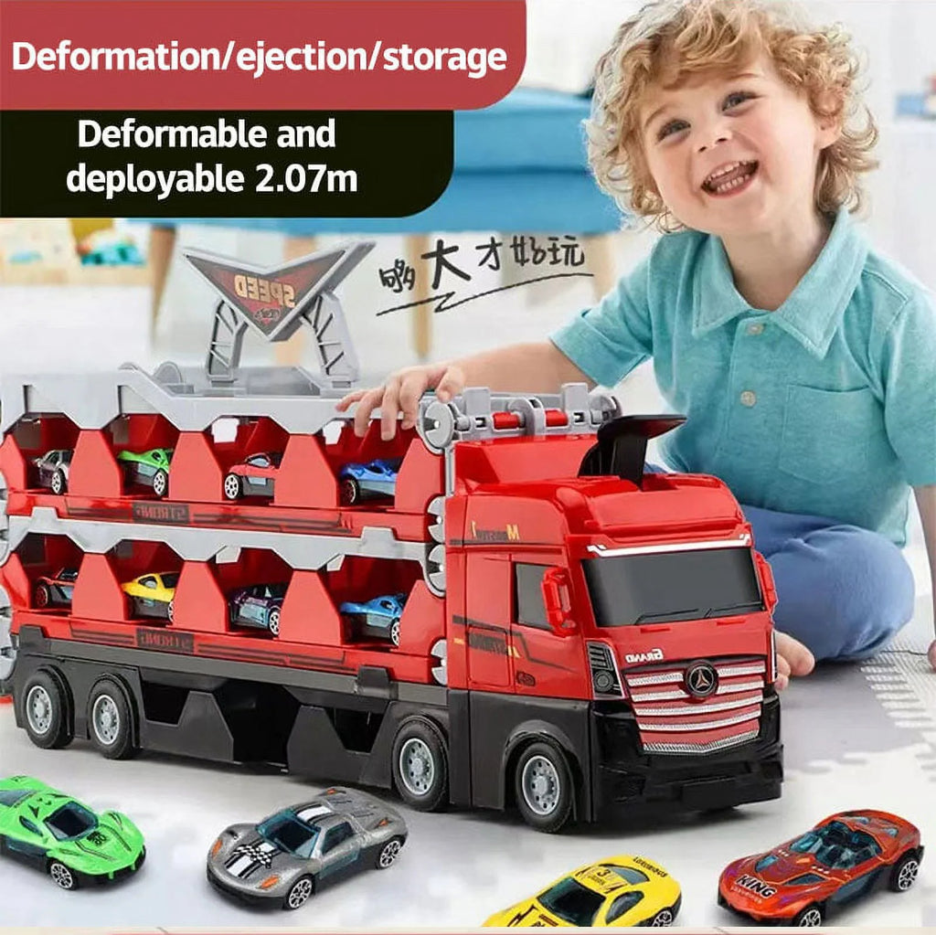 Mega Hauler Truck with Ejection Race Track, Folding Storage Transporter Toy with 8 Cars F5637