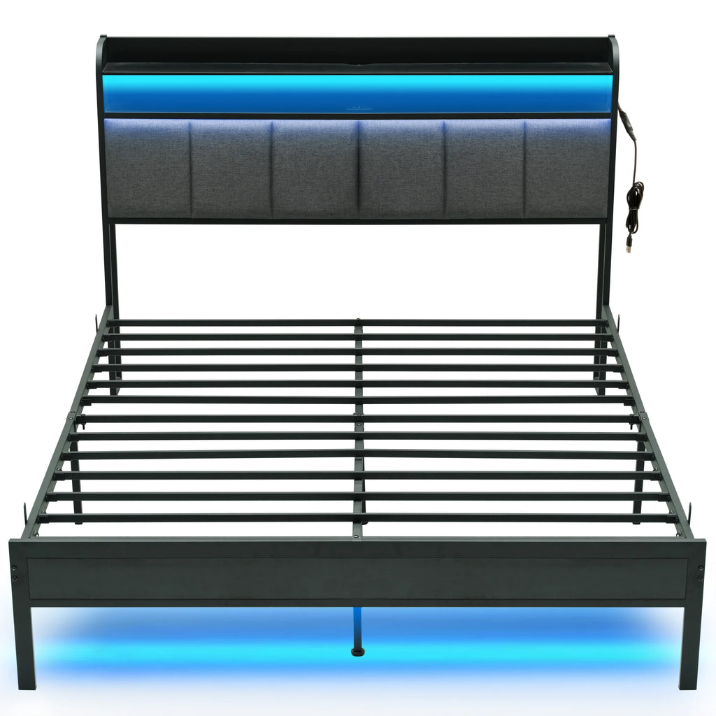 King Size Metal and Wood Platform Bed with LED Headboard K26153