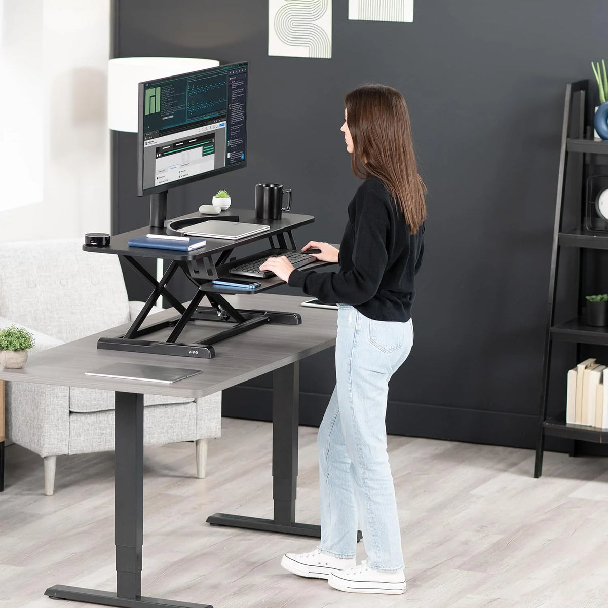 Black Height Adjustable Standing Desk Monitor Riser X504