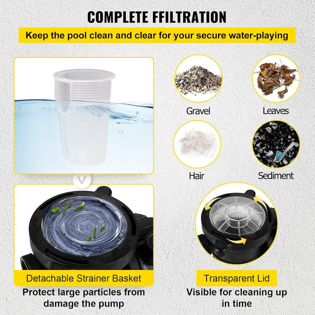 1HP 110V 5220GPH Self-priming Swimming Pool Pump with Strainer Basket and 2pcs 1-1/2'' NPT Connectors D844