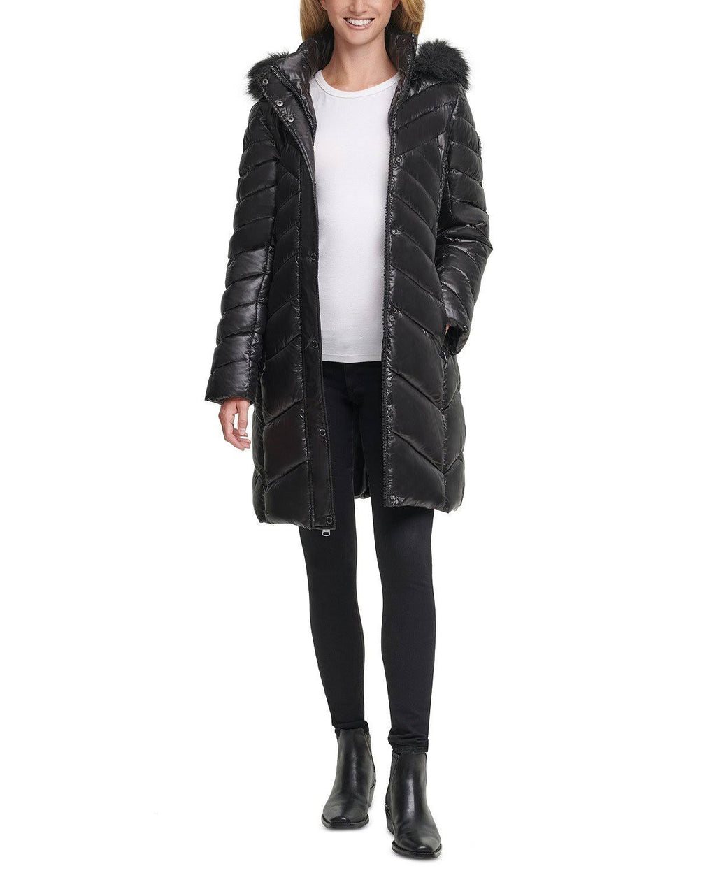 Black Petite Faux-Fur-Trim Down Hooded Puffer Coat F909393