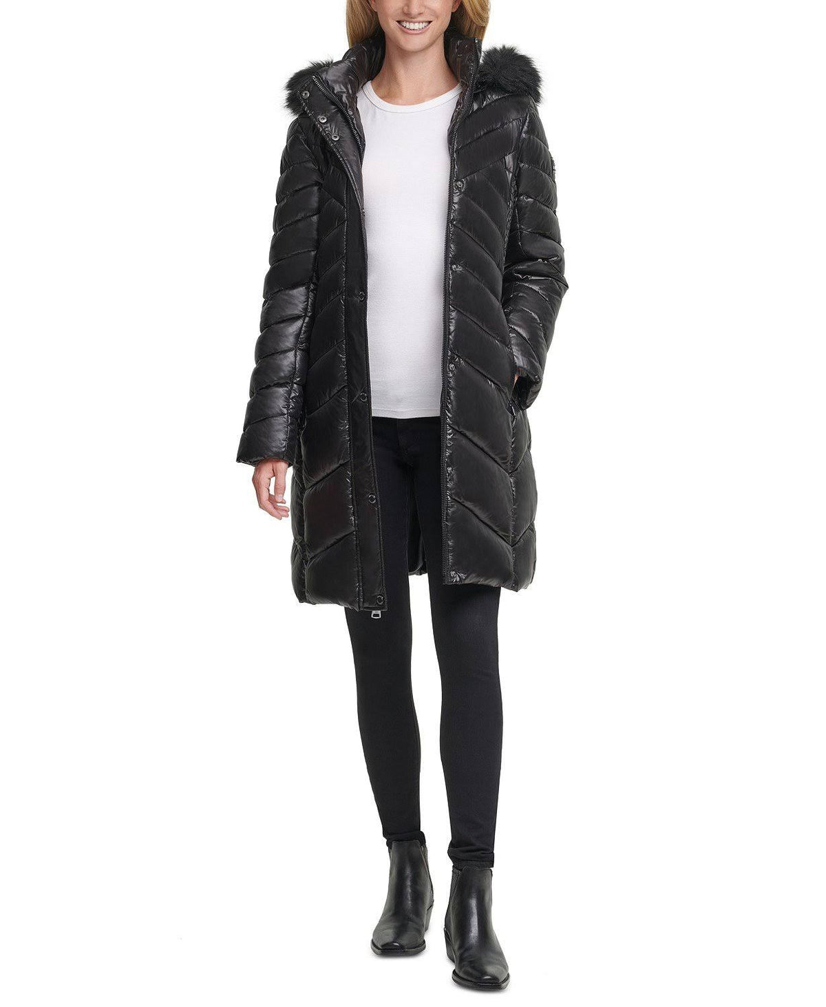 Black Petite Faux-Fur-Trim Down Hooded Puffer Coat F909393