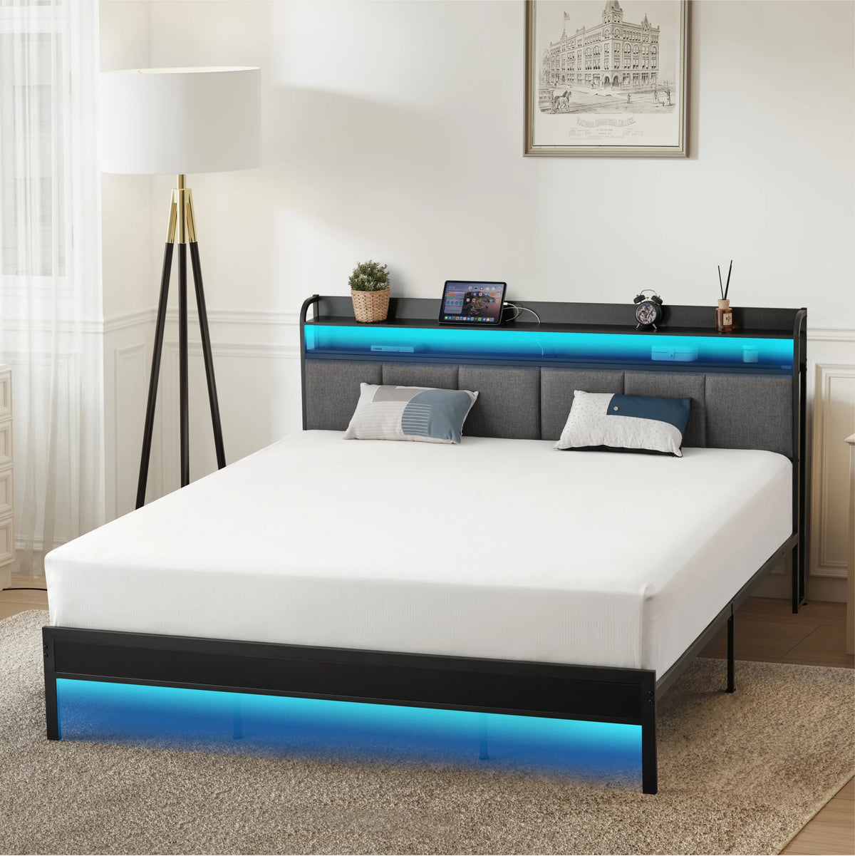 King Size Metal and Wood Platform Bed with LED Headboard K26153