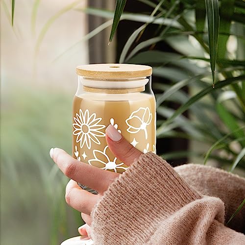 4 Pack 16oz Glass Cups with Bamboo Lids Straws K13523