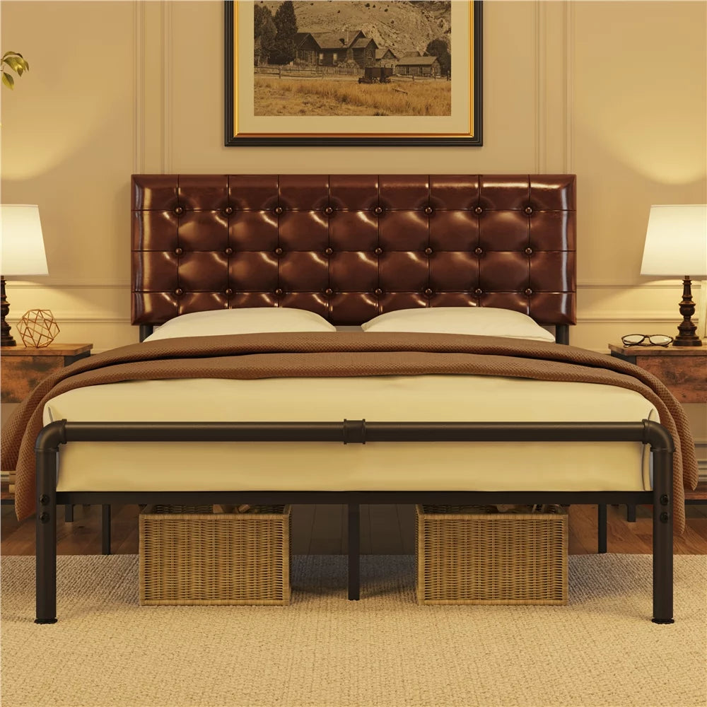 Metal Platform Bed Frame with Upholstered Headboard, Queen, Brown C148