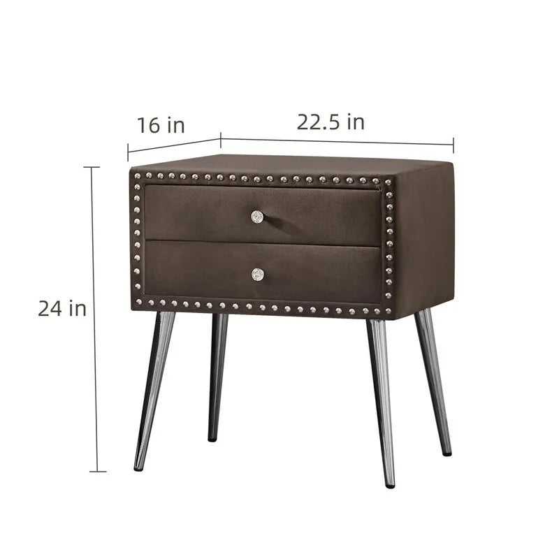 Brown Velvet 2 Drawer Solid Wood Bedside Table M2511