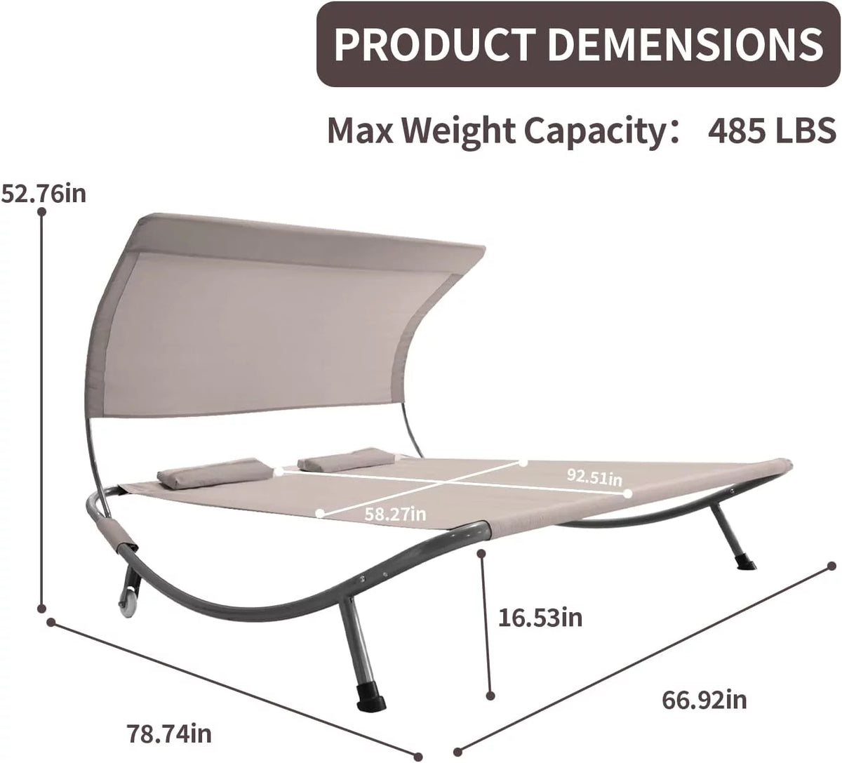 Double Chaise Lounge Bed with Canopy, Headrest Pillow and Wheels U3128