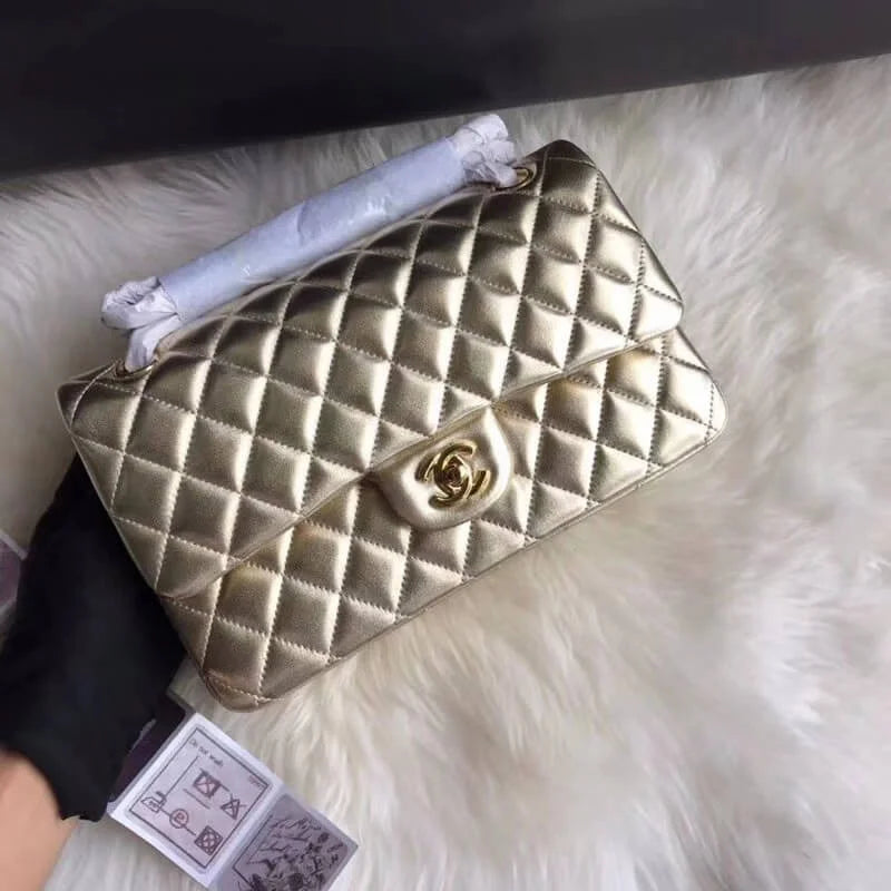Gold Medium Size Lambskin Leather Flap Bag I300922