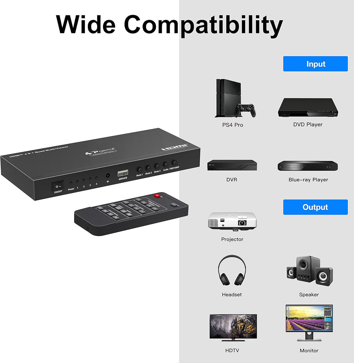 HDMI Multiviewer Switch 4x1, 4 in 1 Out with Loop, Audio Extractor, 1080p U279