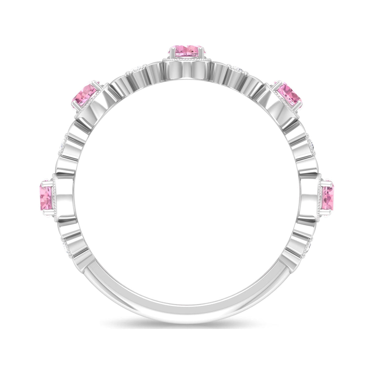 Pink Tourmaline and Diamond Half Eternity Ring, 925 Sterling Silver, US 4.00 Y4857
