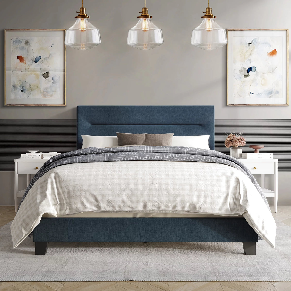 Blue Linen Upholstered Twin Bed A5587