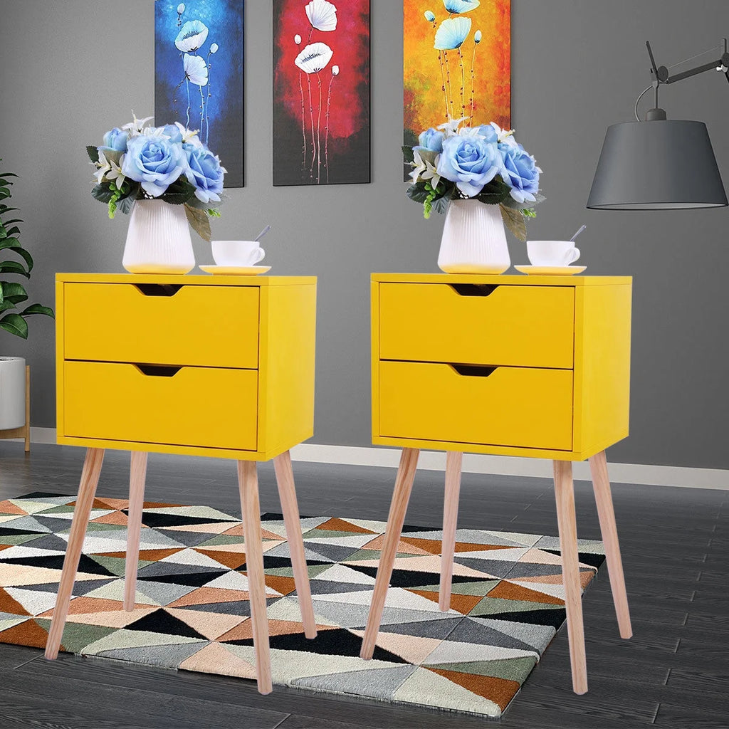 Set of 2 Nightstand with 2 Storage Drawer Solid Wood Side End Table Yellow J77810