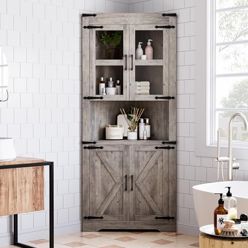 White Tall Corner Cabinet with Barn Door and Adjustable Shelves S7481