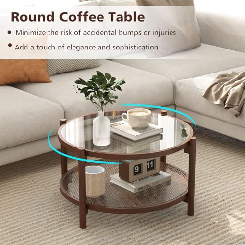 Rattan Coffee Table with Tempered Glass Top and Storage Shelf H176459