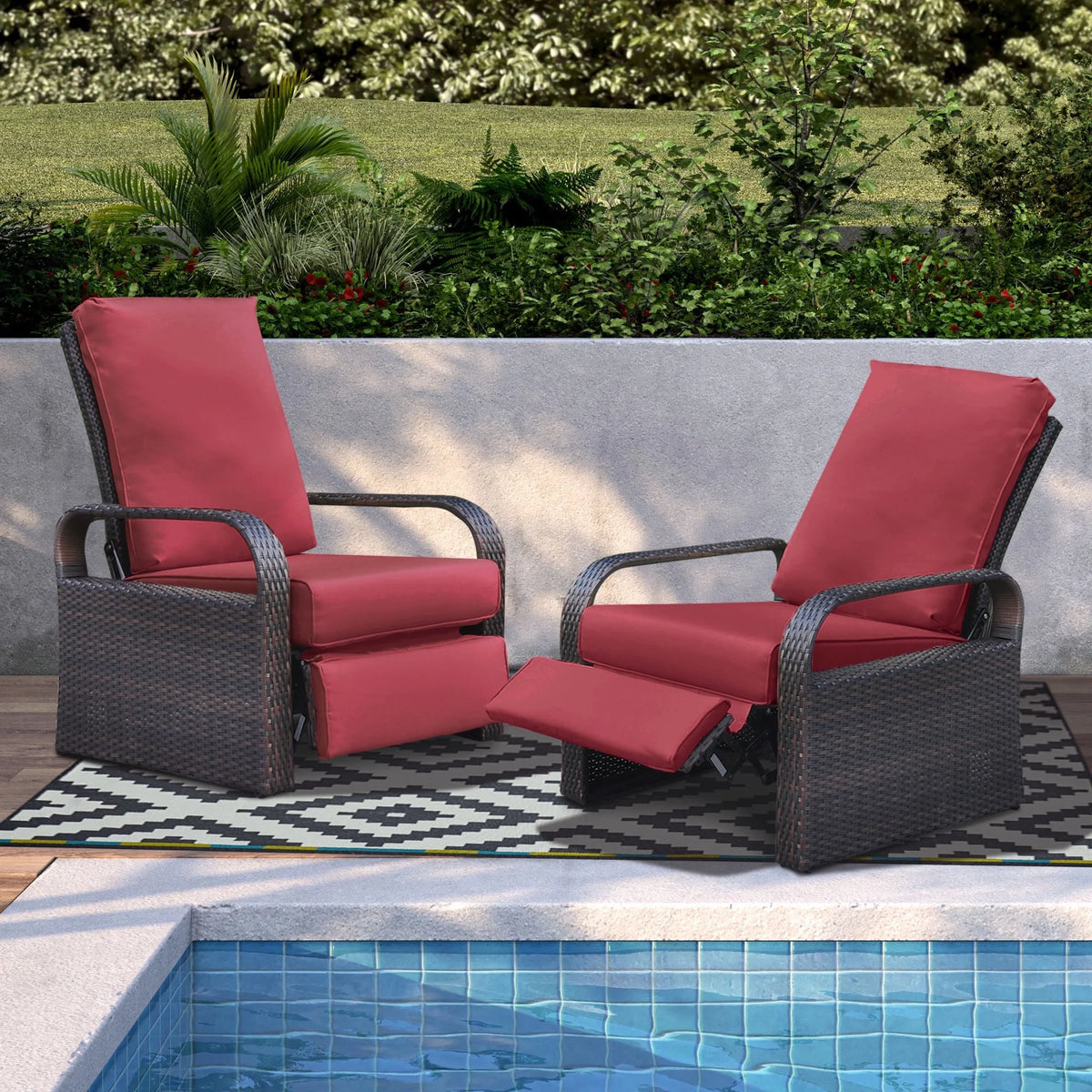 Red Resin Wicker Recliner Chair with Footrest X1981