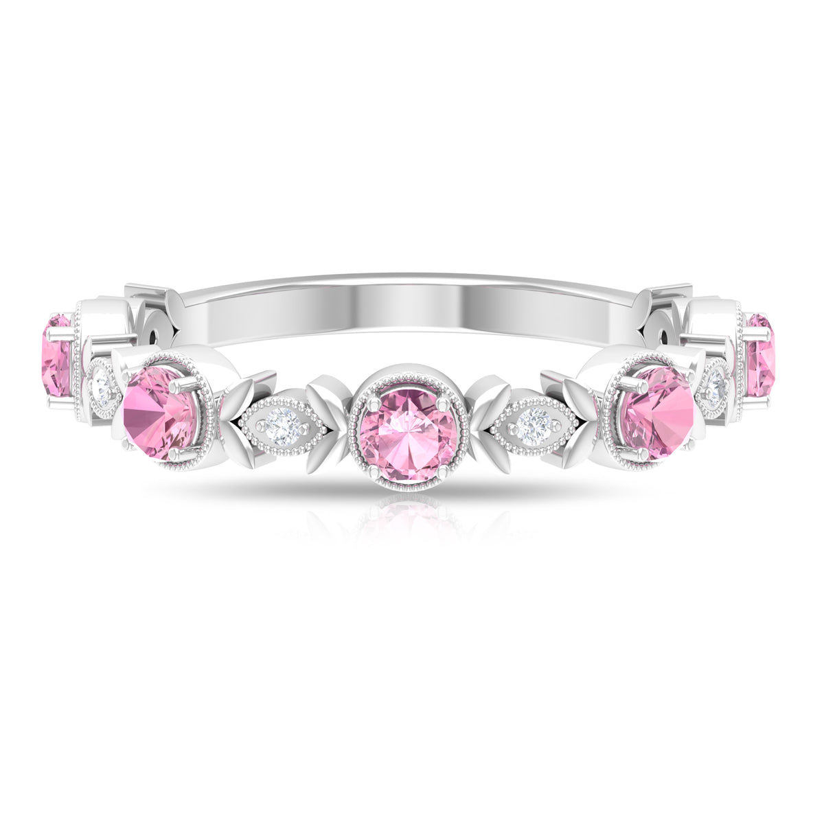 Pink Tourmaline and Diamond Half Eternity Ring, 925 Sterling Silver, US 4.00 Y4857