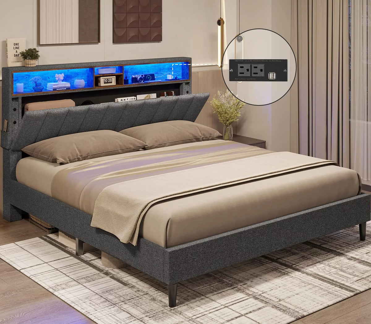 Queen Size LED Bed Frame with Outlet and USB Ports R860