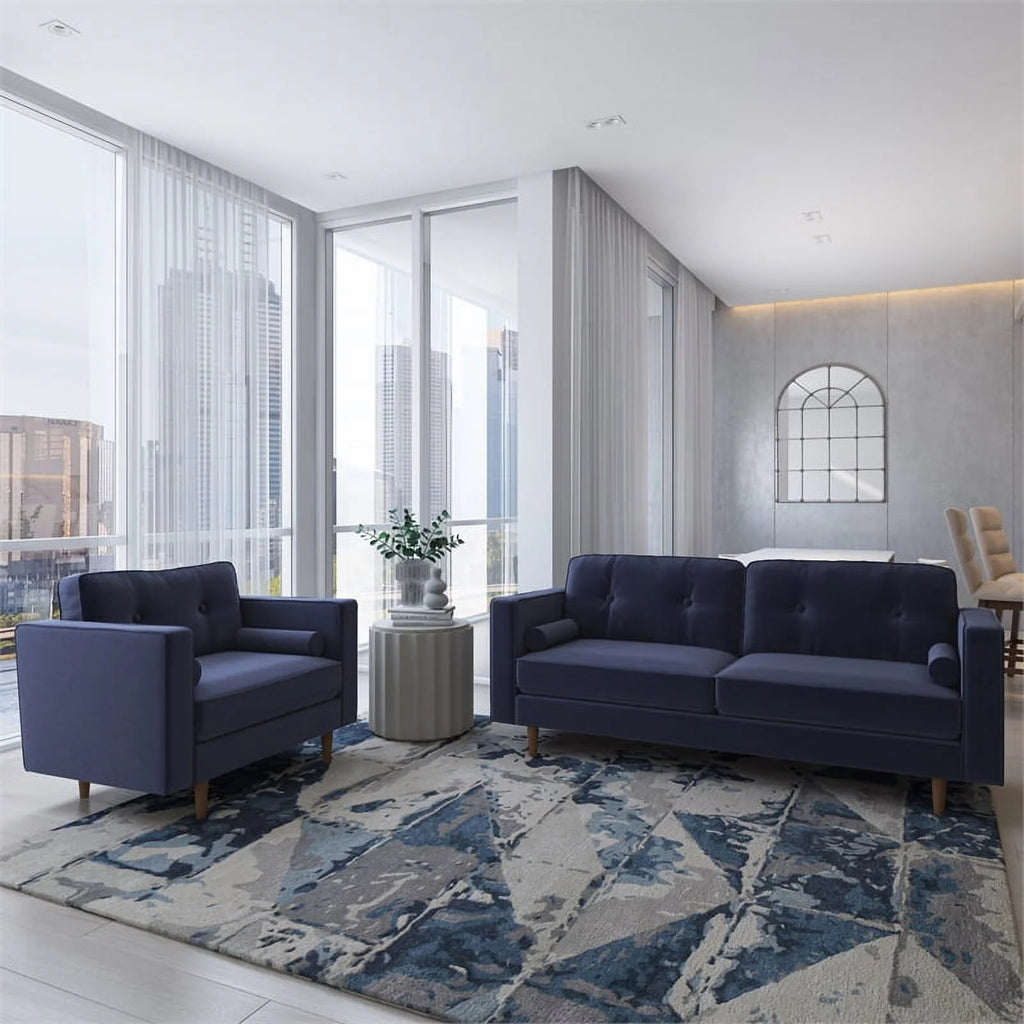 Navy Blue Fabric Chair and Sofa Set 2pcs U7348