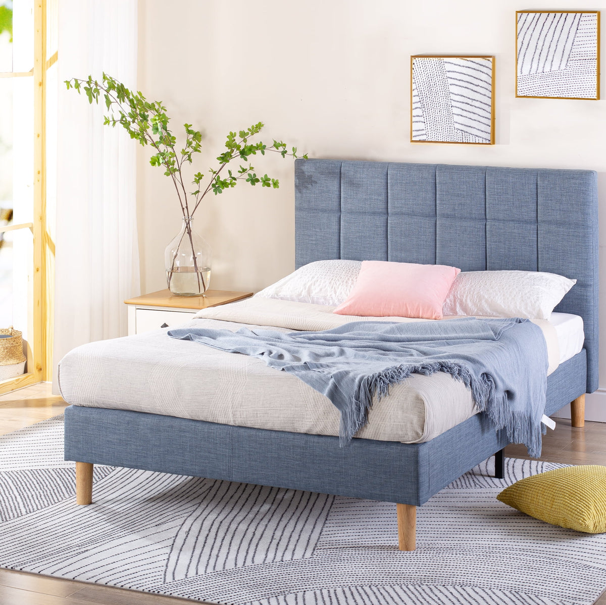 Queen Blue Slate Upholstered Platform Bed Frame K4949