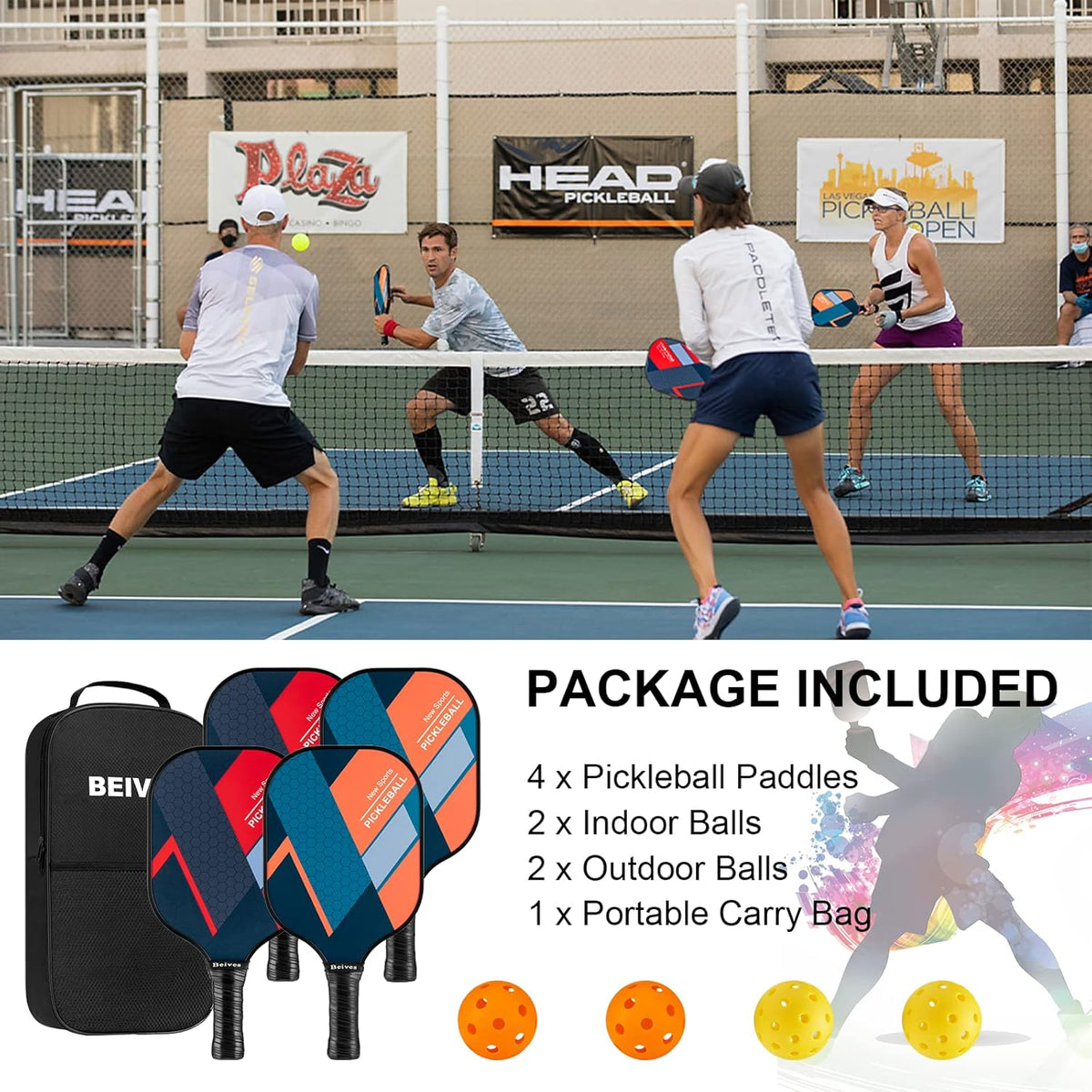Set of 4 Lightweight Pickleball Paddles with Carry Bag A624