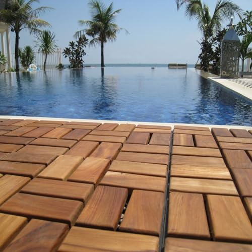 Teak Interlocking Tiles Wooden Floor Tile Set 10 Square Feet 12" x 12" 9 Slat Design Oiled Finish V248