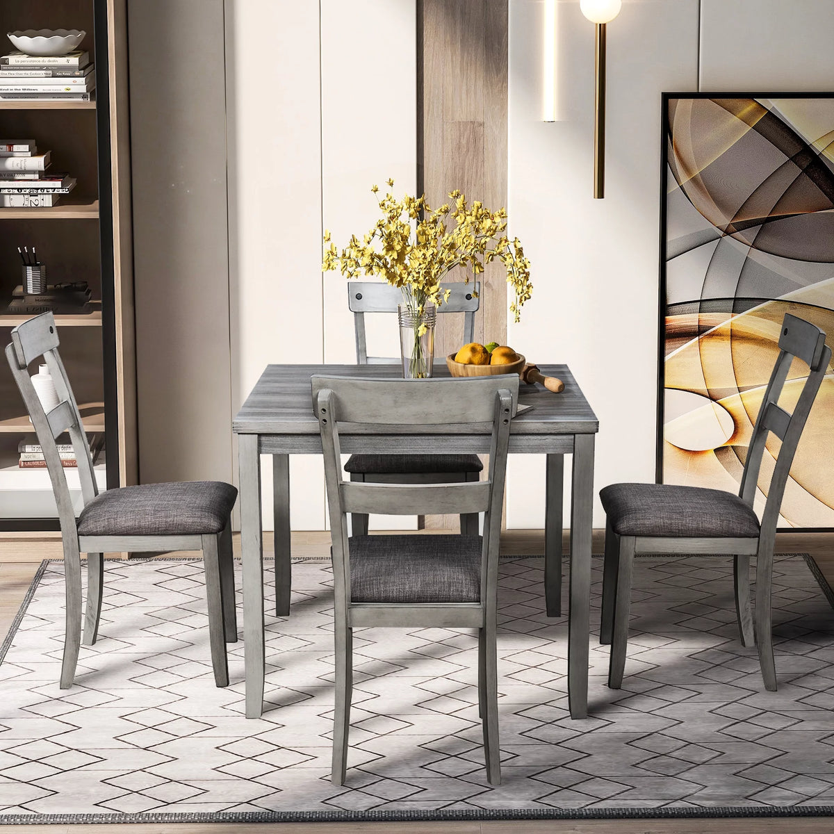 5-Piece Grey Dining Table Set with 4 Cushioned Chairs G734