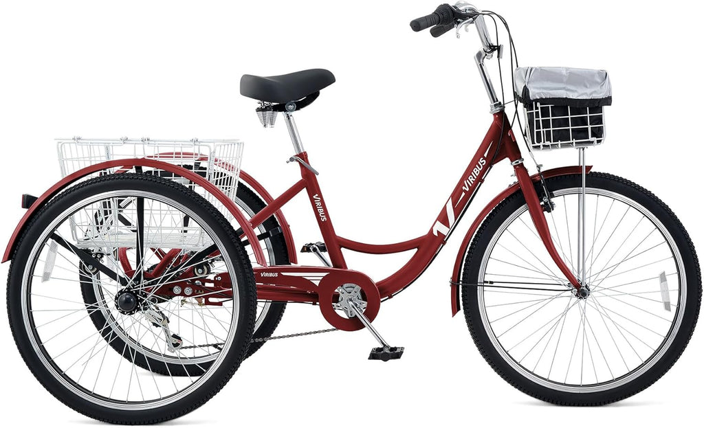 Berry Red 7 Speed Adult Tricycle with Removable Wheeled Baskets J396