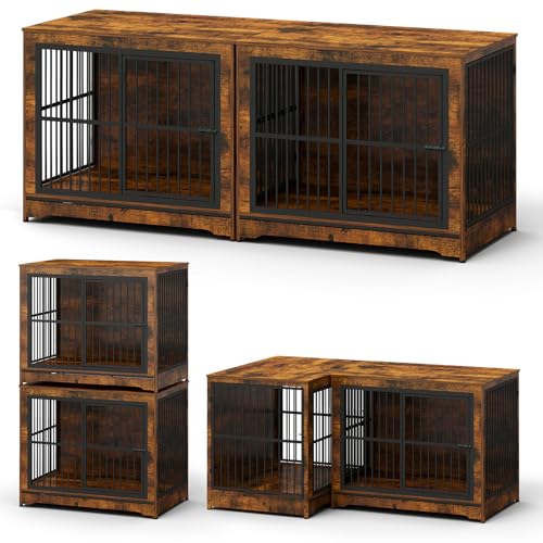 Rustic Brown Double Dog Crate Furniture with Divider T68552