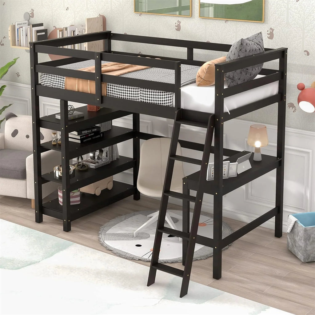 Espresso Wood Loft Bed with Desk and Shelves A154