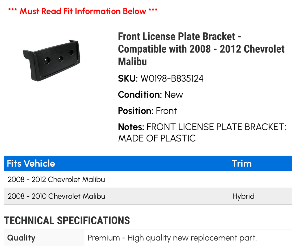 Front License Plate Bracket for 2008-2012 Chevy Malibu T771772