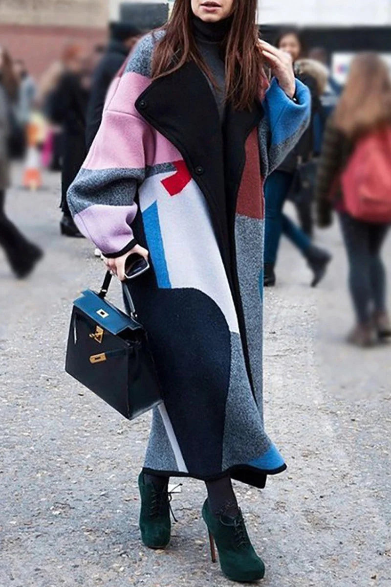 Print Patchwork Turndown Collar Outerwear K87484