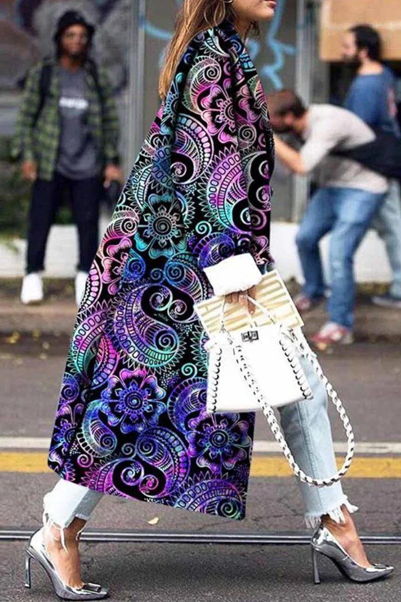 Print Patchwork Turndown Collar Outerwear K87484