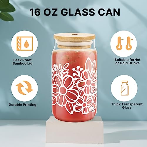4 Pack 16oz Glass Cups with Bamboo Lids Straws K13523