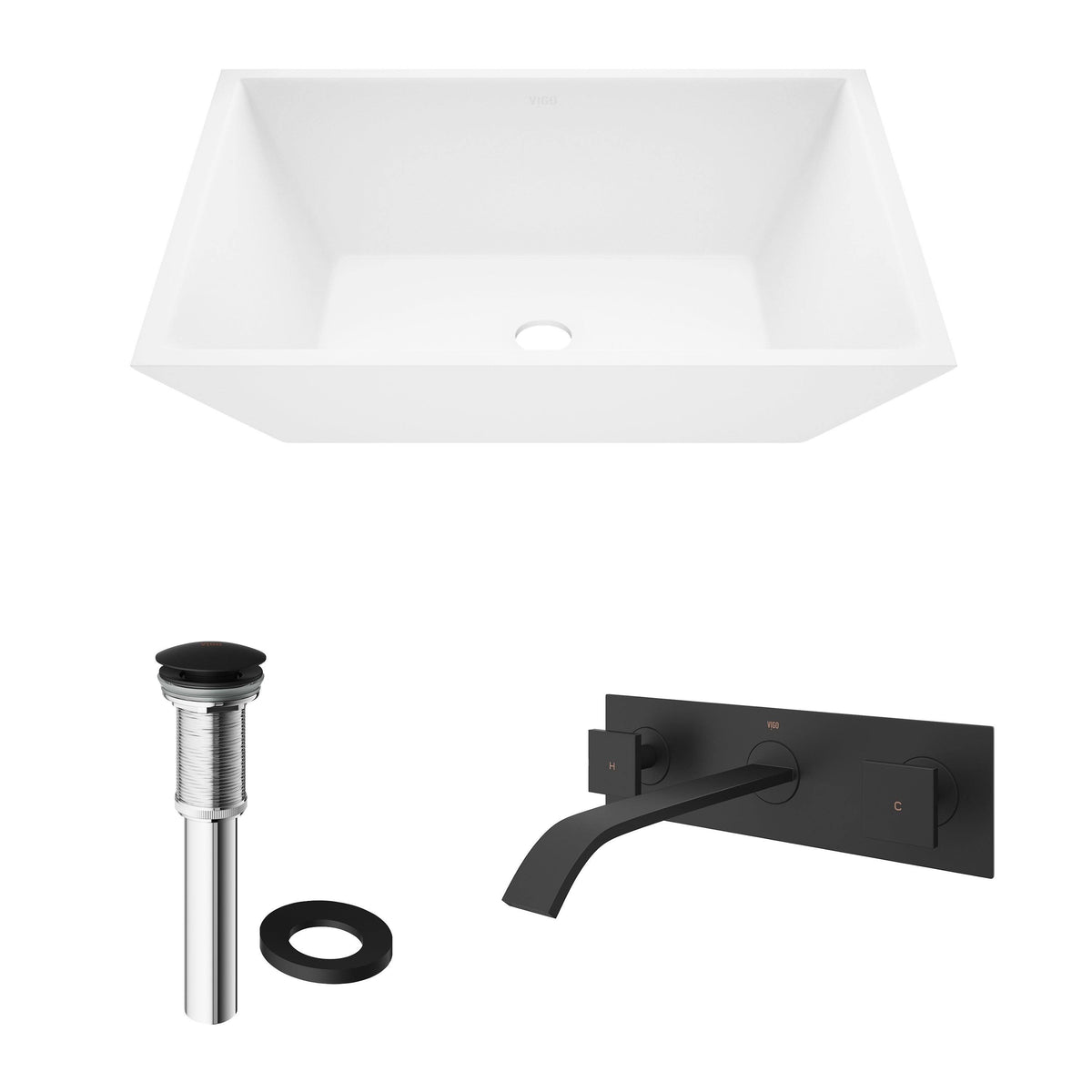 Matte Stone Vessel Bathroom Sink Set with Wall Mount Faucet in Matte Black Z68792