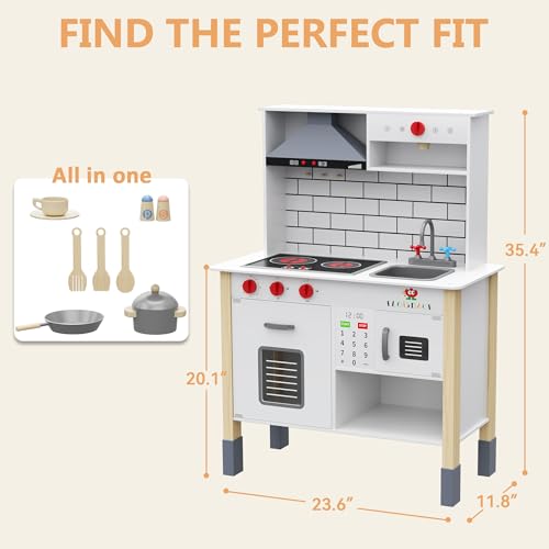 Wooden Play Kitchen with Microwave, Range Hood, Stove, Sink, and Accessories S6658