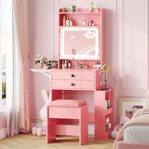 White Makeup Vanity Desk with Lighted Mirror and Chair O7640